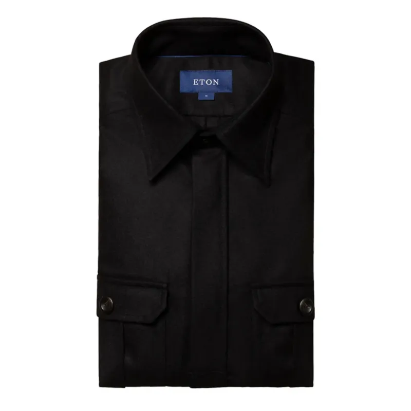 Eton Men's Wool-Cashmere Flannel Overshirt 100003542 Black made by J&Z Couture
