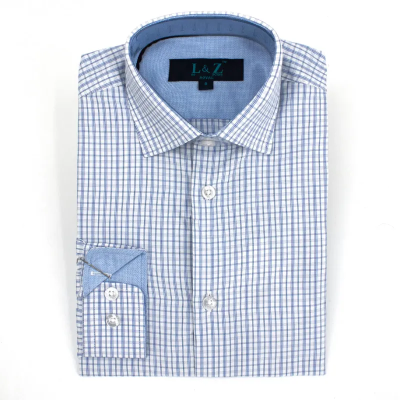 Boys' Slim-Fit Long Sleeve Contrast Collar Dress Shirt in Blue Check sold by J&Z Couture