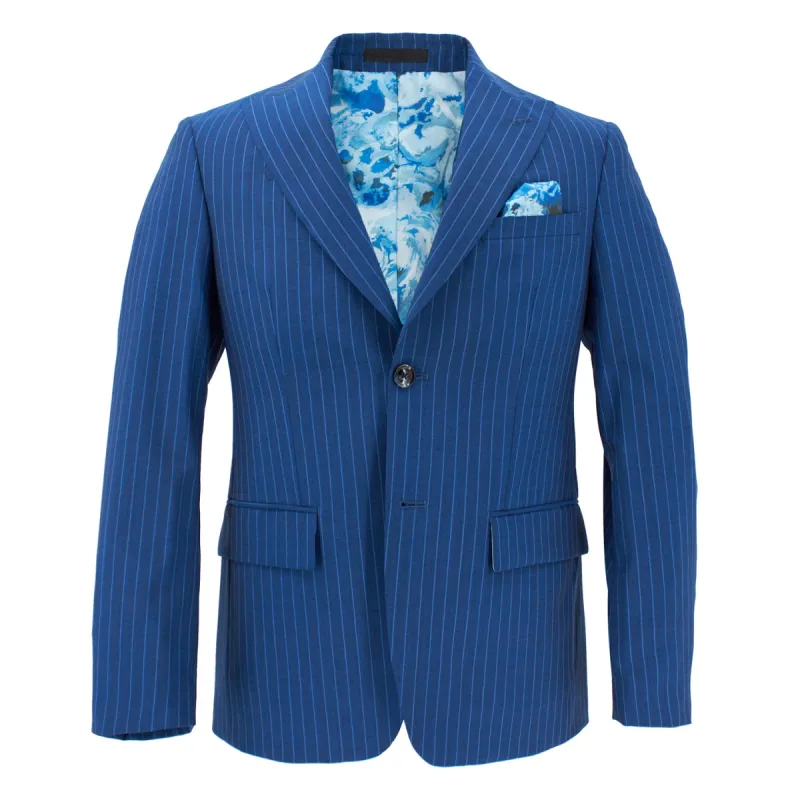 Pinstripe Stretch Suit in Bright Blue sold by J&Z Couture