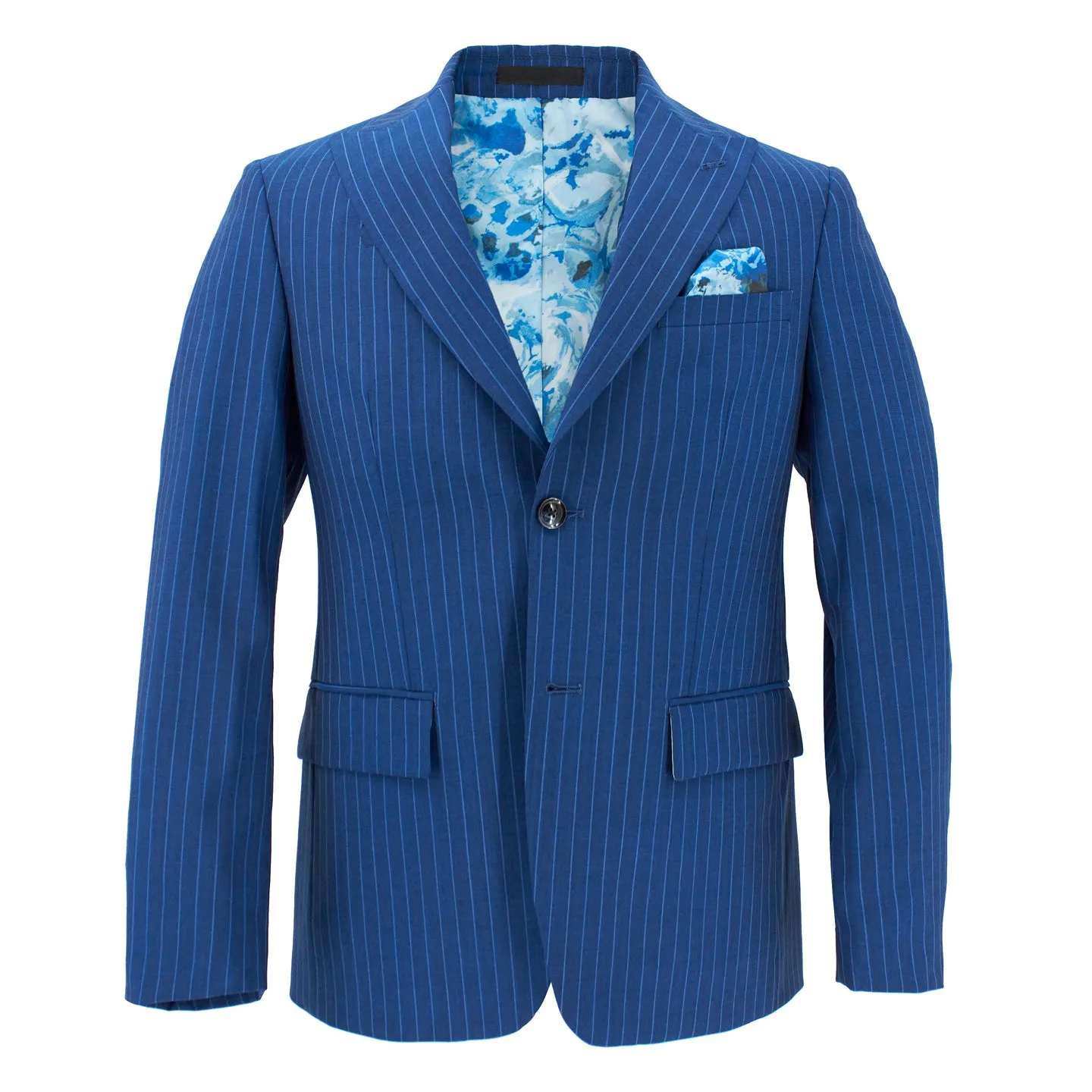 Pinstripe Stretch Suit in Bright Blue sold by J&Z Couture