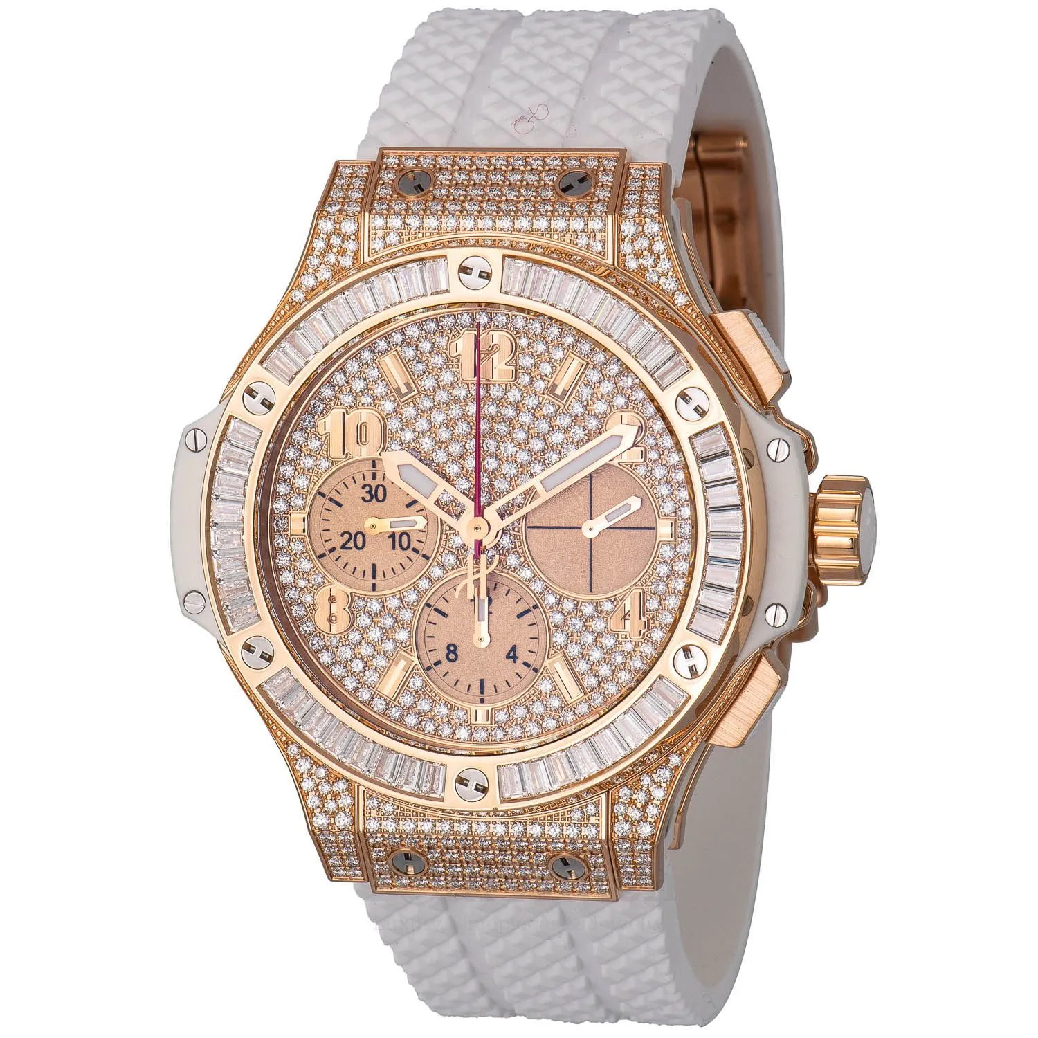 Hublot Bing Bang Portocervo 41mm Rose Gold Baguette Diamond Bezel White Rubber Strap Pave Diamond Dial 341.PE.9114.RW.094 sold by Your Watch