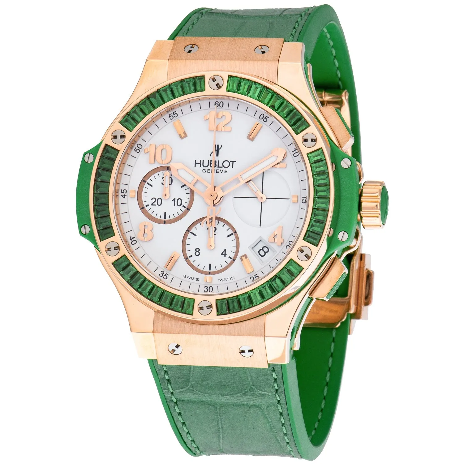 Hublot Tutti Frutti Rose Gold White Arabic Dial Tsavorite Bezel & Green Leather 41mm 341.PG.2010.LR.1922 sold by Your Watch
