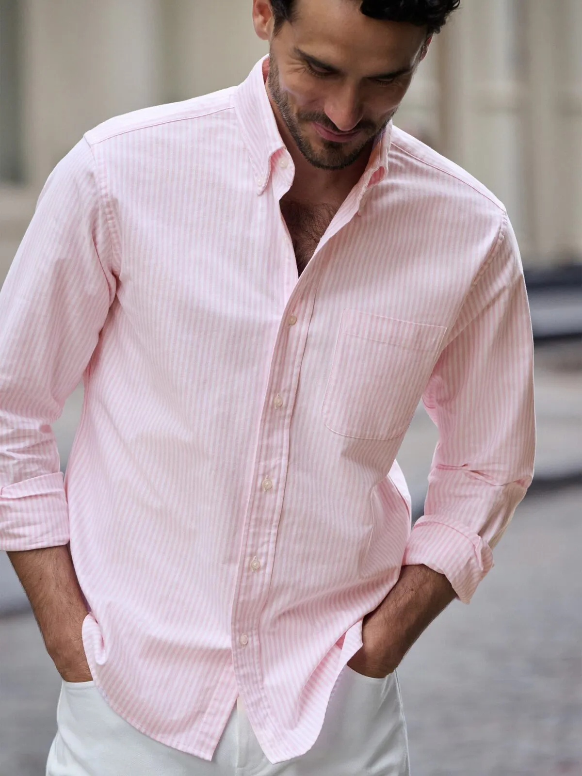 Clark Pink University Stripe Oxford Cloth Button Down Shirt sold by Proper Cloth