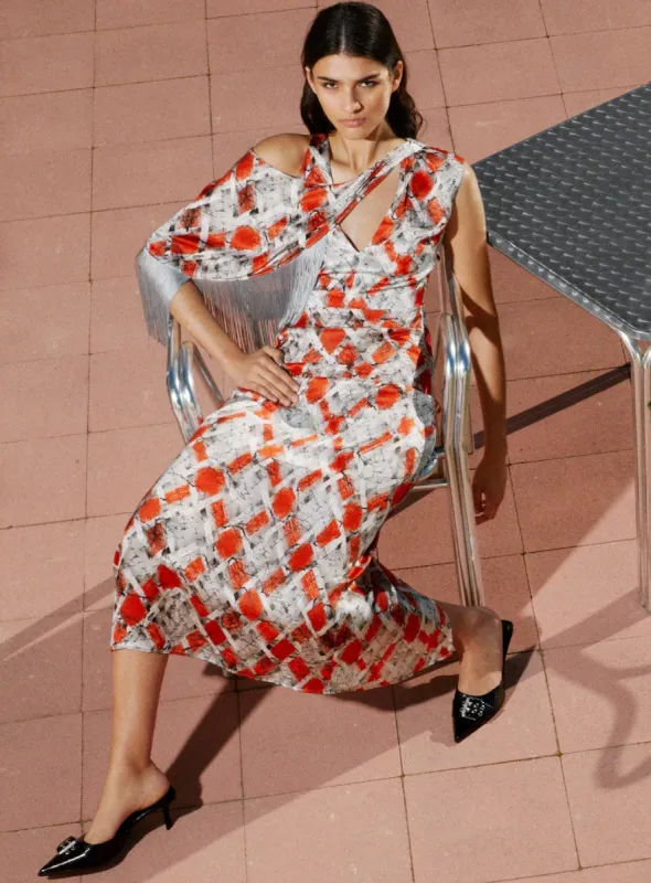 ZAHARA FRINGED CAPE DRESS sold by LAAGAM