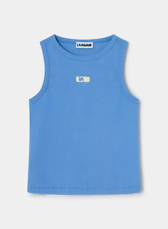 BLUE EMBROIDERED LOGO TANK TOP sold by LAAGAM