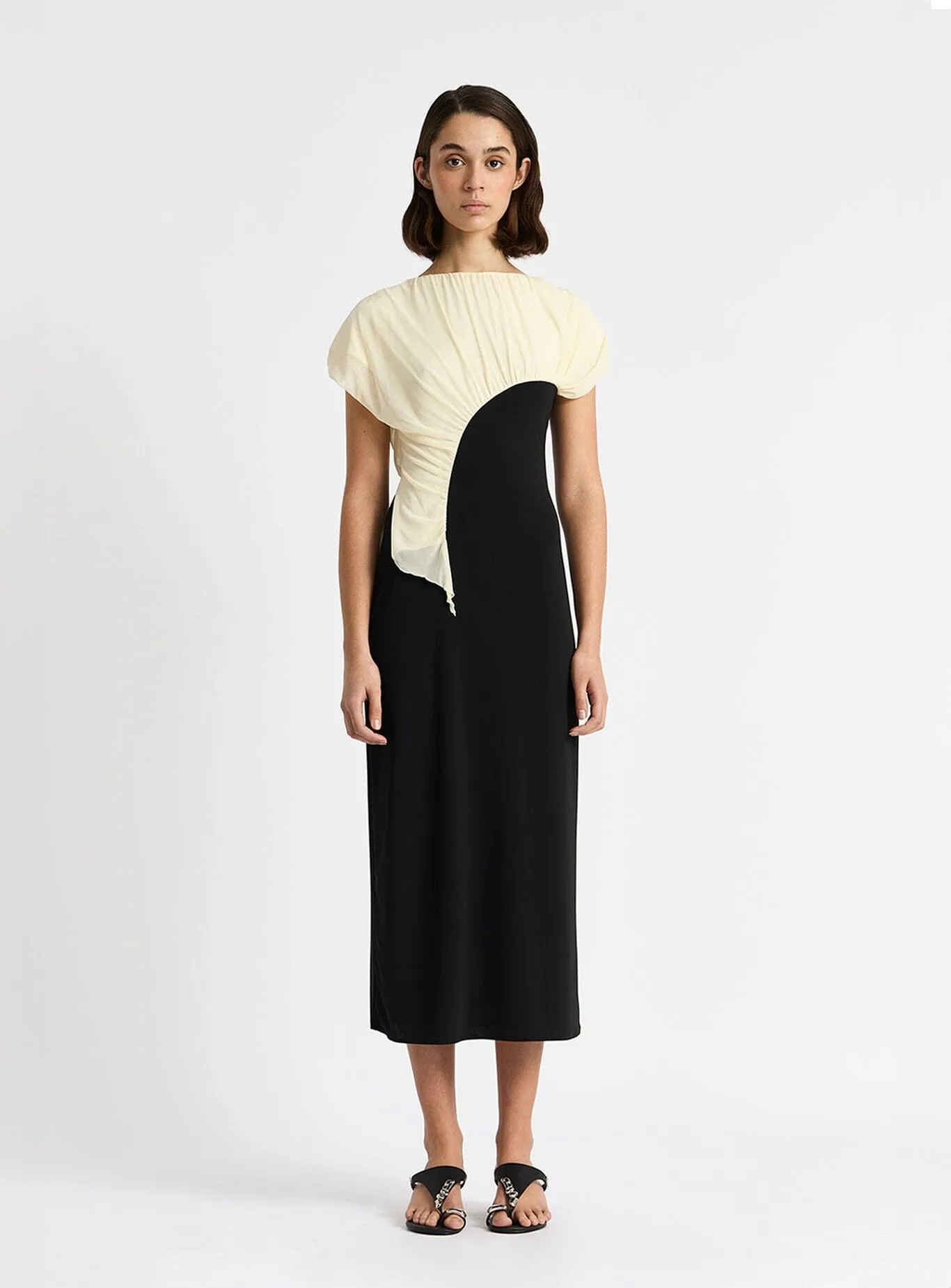LIBRA BLACK & ECRU DRAPED MIDI DRESS sold by LAAGAM