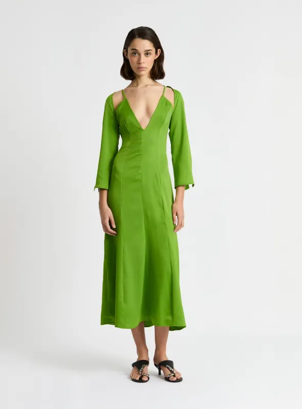 KIMBERLY GREEN SATIN MIDI DRESS sold by LAAGAM