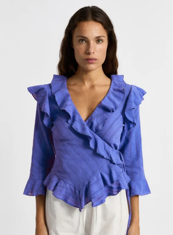 LOANA BLUE WRAP TEXTURED BLOUSE sold by LAAGAM