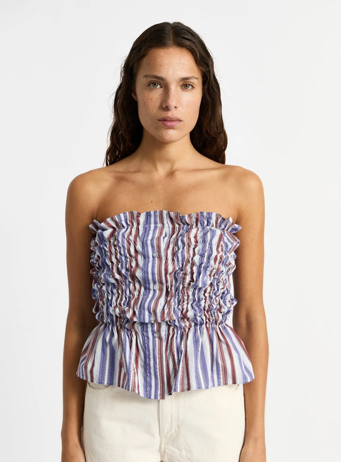 SUSAN BLUE STRIPED RUCHED TOP sold by LAAGAM