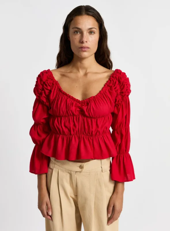 SADIE RED LINEN RUCHED BLOUSE sold by LAAGAM