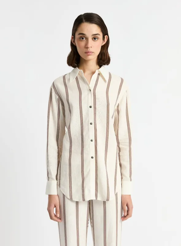 SAGA BROWN STRIPED PLEATED SHIRT sold by LAAGAM