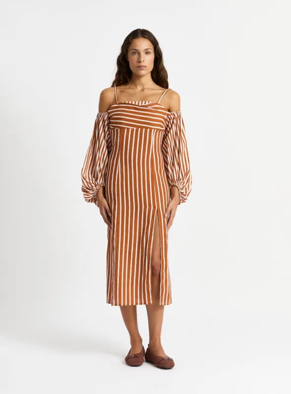 NARA BROWN STRIPED MIDI DRESS sold by LAAGAM