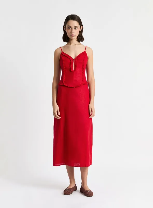 TULIPA RED LINEN MIDI DRESS sold by LAAGAM