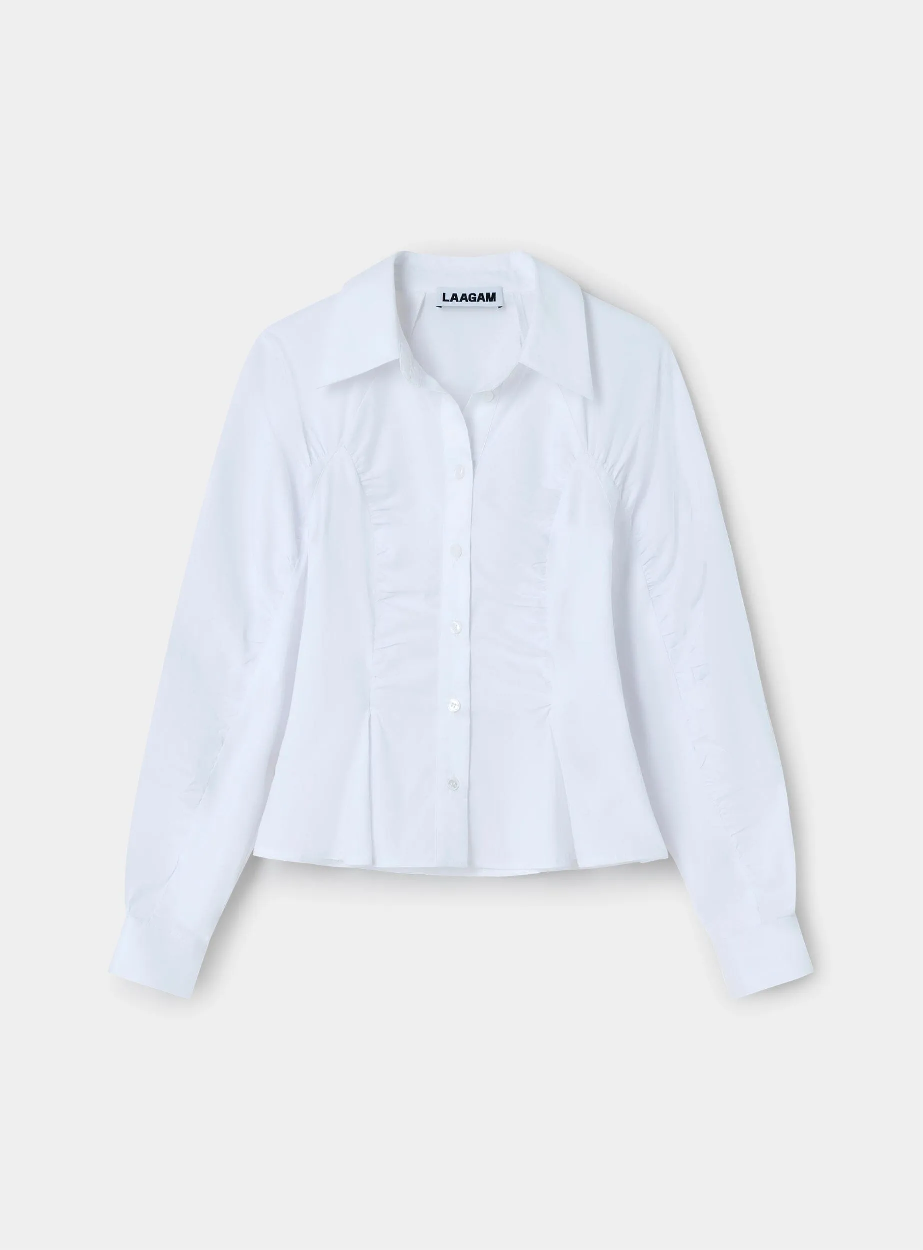 BELLEVILLE WHITE RUCHED SHIRT sold by LAAGAM