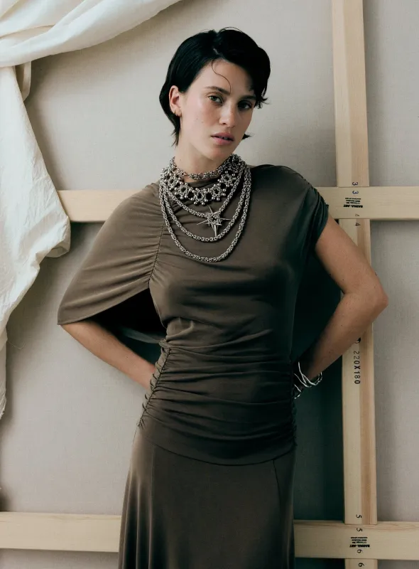 IZOLA KHAKI ASYMMETRIC DRESS sold by LAAGAM