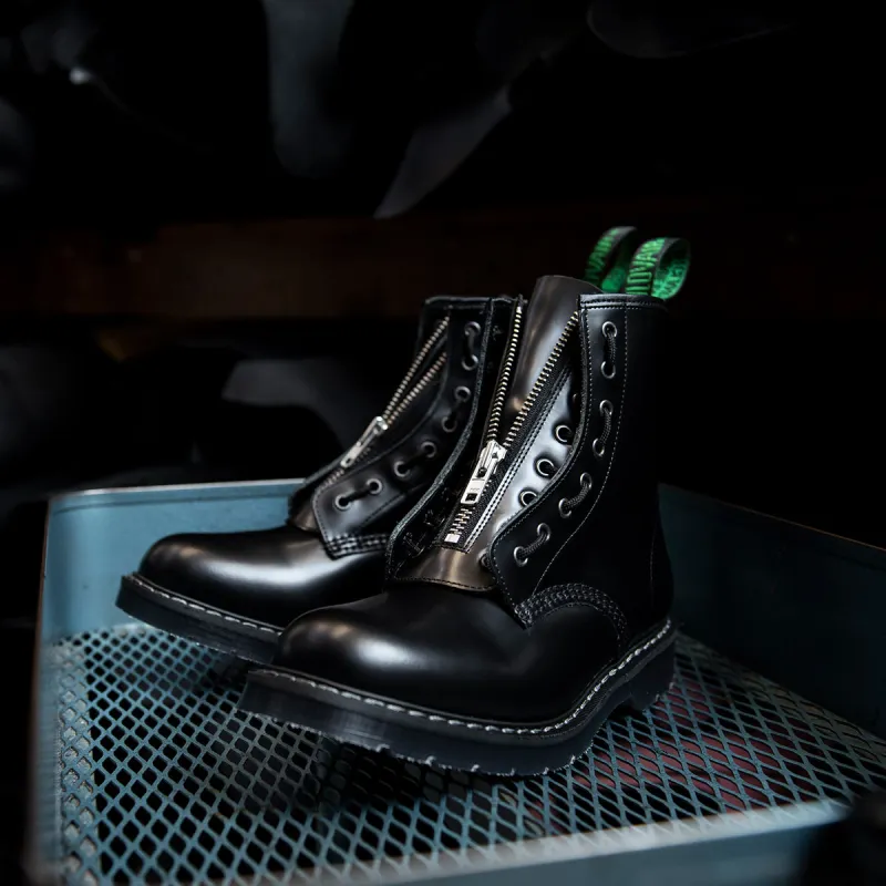 Black Hi-Shine 8 Eye Derby Boot & Zip Guard sold by Solovair