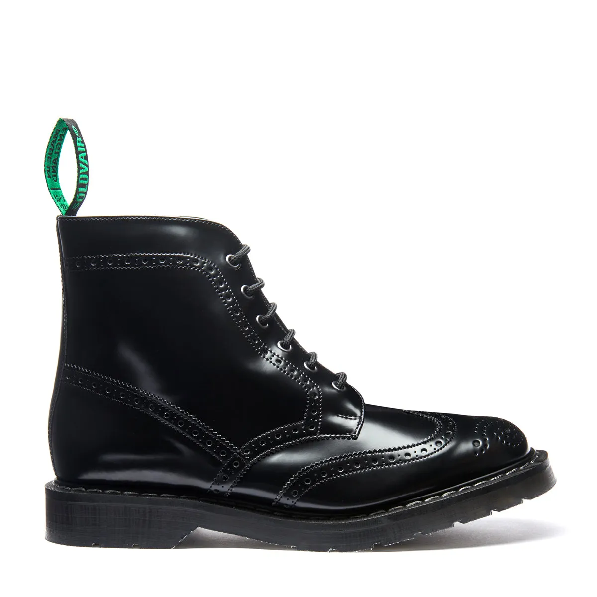 Black Hi-Shine Vegan 6 Eye Derby Brogue Boot sold by Solovair