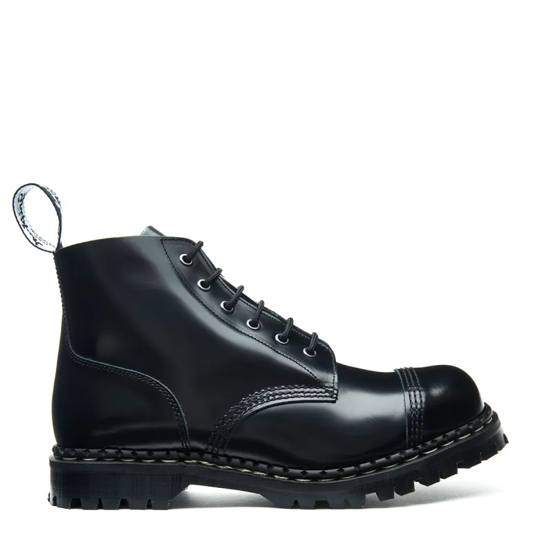 Black Hi-Shine 6 Eye Steel Toe Capped Derby Boot made by Solovair
