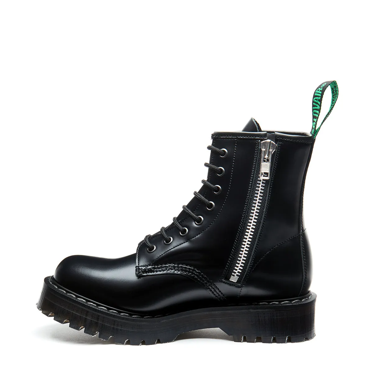 Black Hi-Shine 8 Eye Zipped Platform Derby Boot sold by Solovair