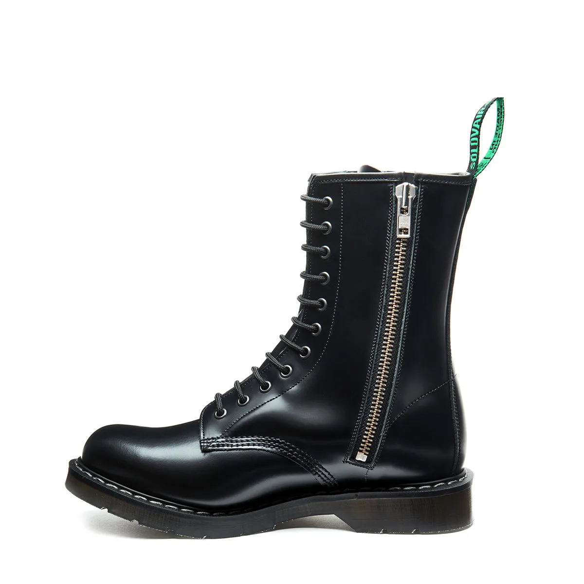 Black Hi-Shine 11 Eye Zip Derby Boot sold by Solovair