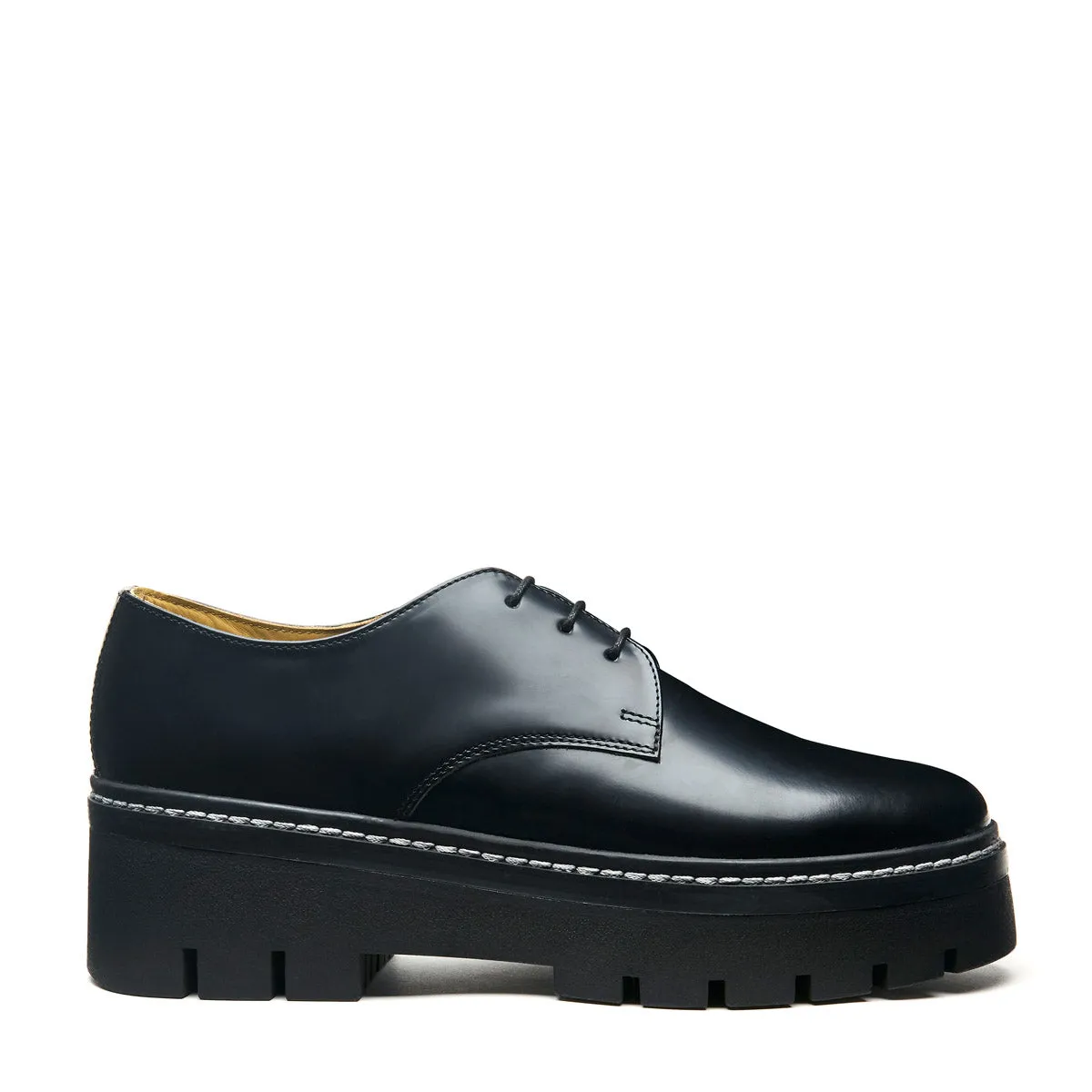 Black Hi-Shine 3 Eye Platform Gibson Shoe sold by Solovair
