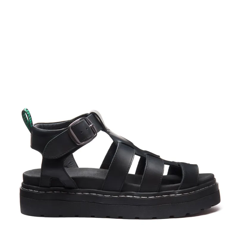 Grendon - Black Greasy Three Strap Sandal sold by Solovair