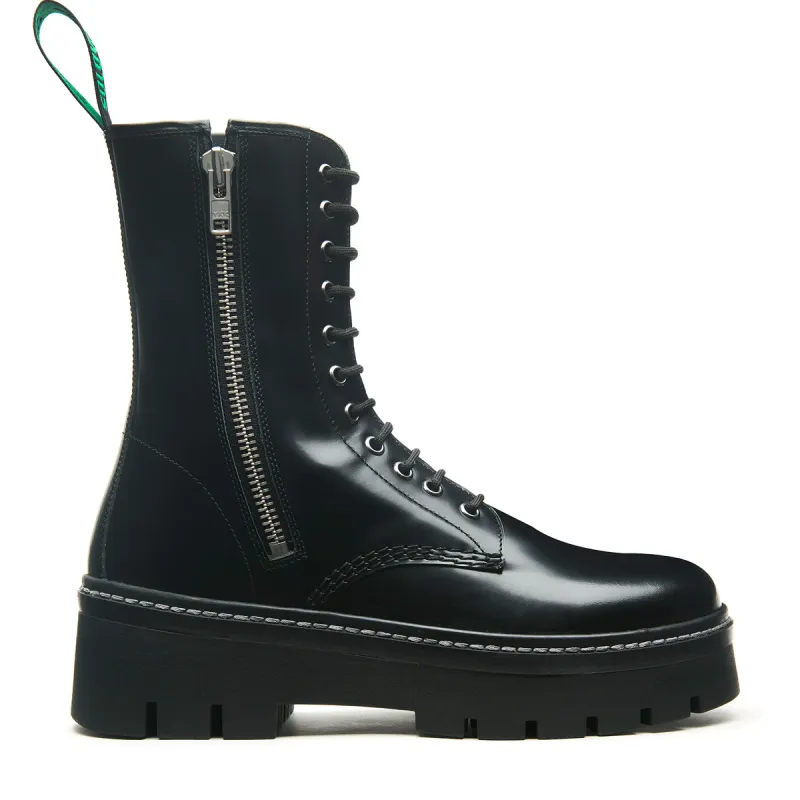 Black Hi-Shine 11 Eye Zipped Platform Derby Boot made by Solovair