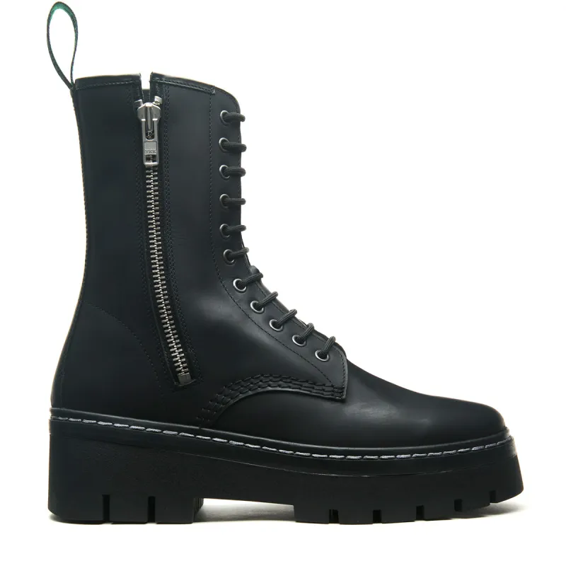 Black Greasy 11 Eye Zipped Platform Derby Boot made by Solovair