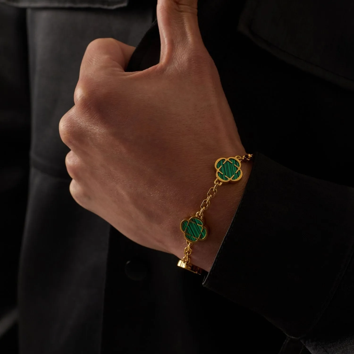 Malachite Clover Stone Bracelet (Gold) sold by Craftd London product image thumbnail 5