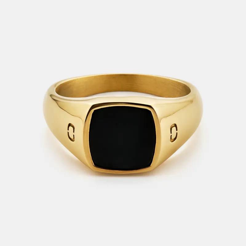 Onyx Squared Stone Signet Ring (Gold) sold by Craftd London