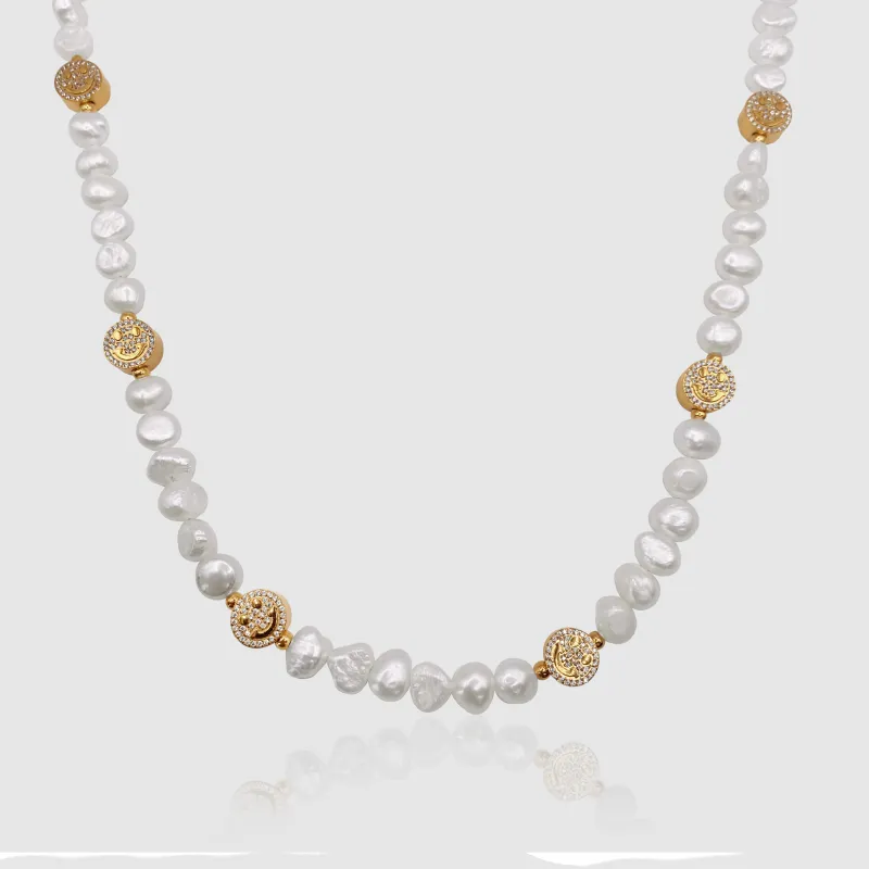 Iced Smiley Real Pearl Necklace (Gold) sold by Craftd London