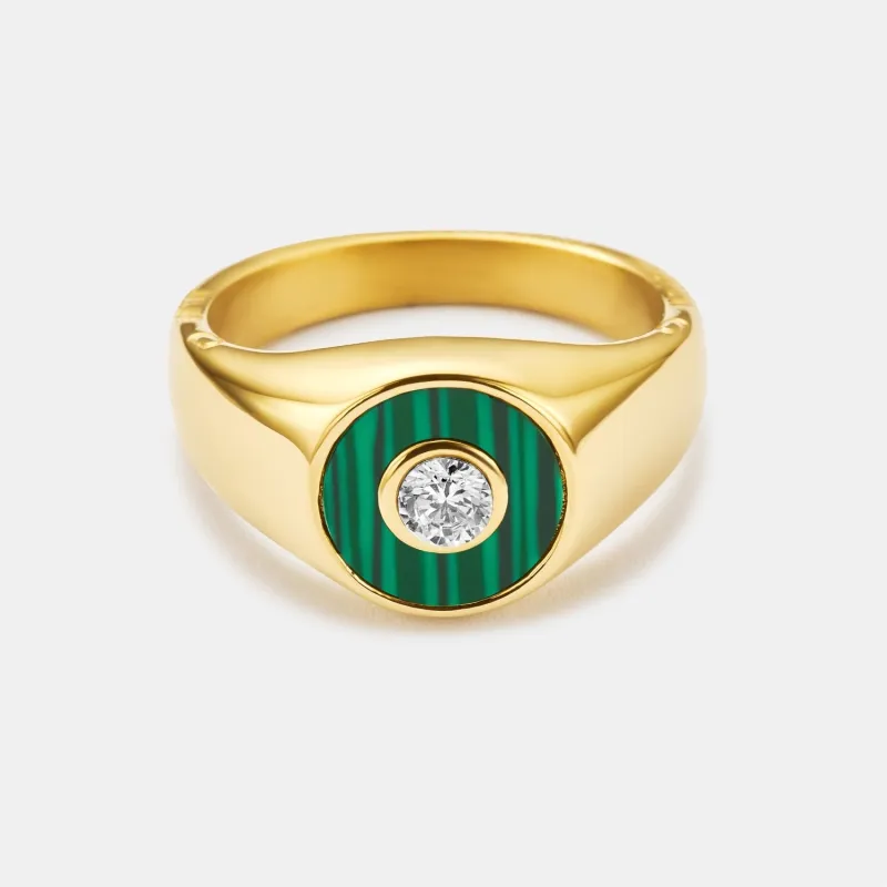 Malachite Round Gem Signet Ring (Gold) made by Craftd London