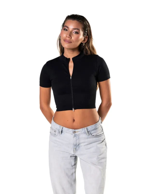 Seamless Ribbed Zip-Front Short Sleeve Crop Top sold by HeyShape