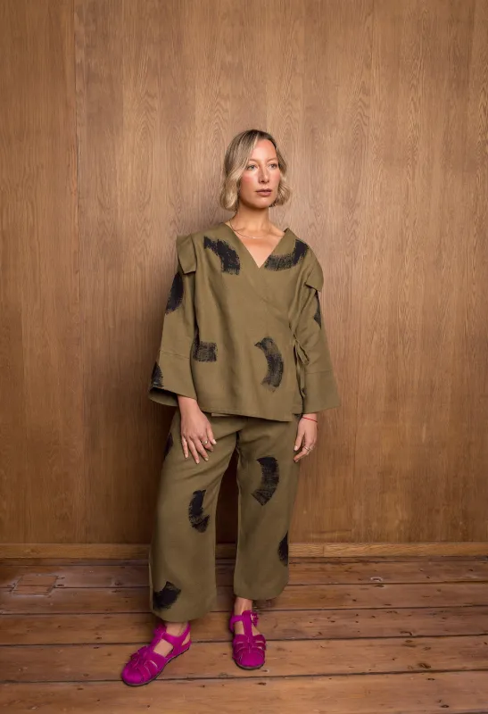 Painted Sana Pants in Khaki Linen sold by Emiko Studios