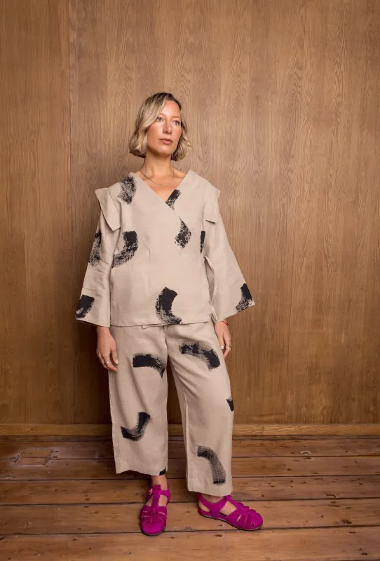 Painted Sana Pants in Stone Linen sold by Emiko Studios