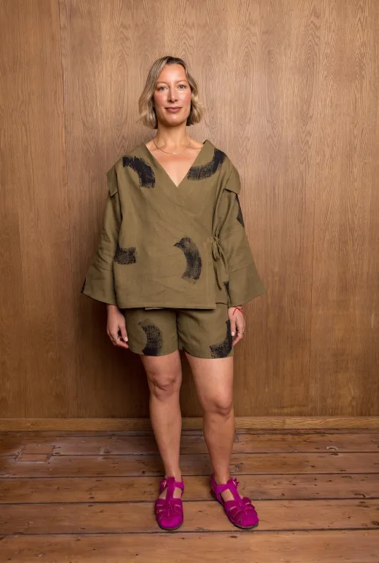 Painted Hiro Shorts in Khaki Linen sold by Emiko Studios