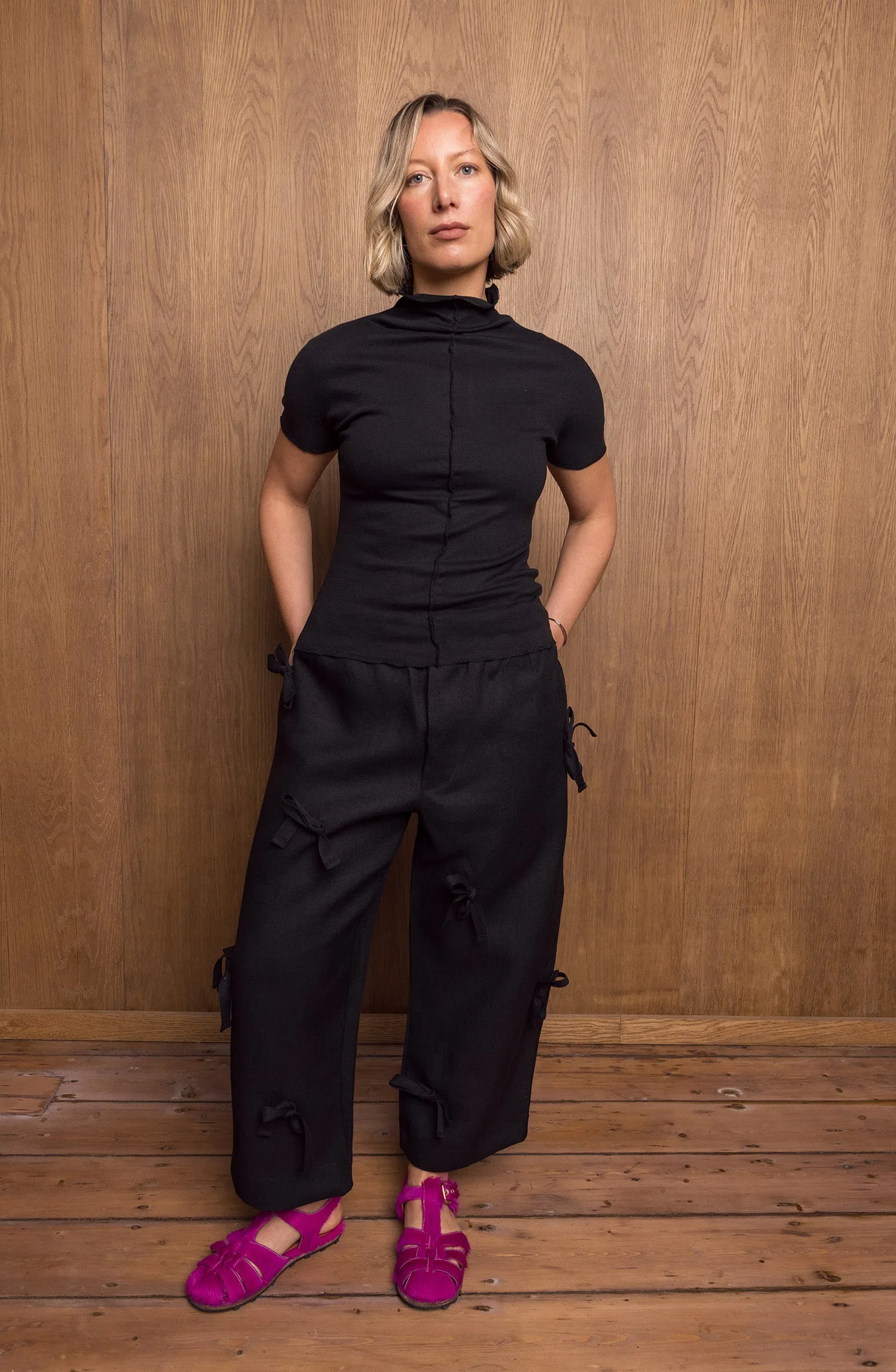 Bow Sana Pants in Black Linen sold by Emiko Studios