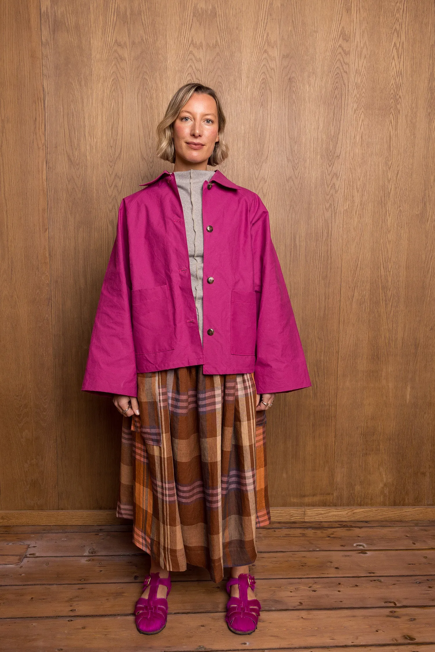 Yūtiriti Skirt in Brown Check sold by Emiko Studios