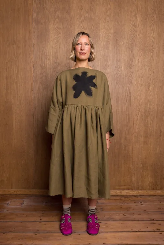 Painted Kozo Dress in Khaki Linen sold by Emiko Studios
