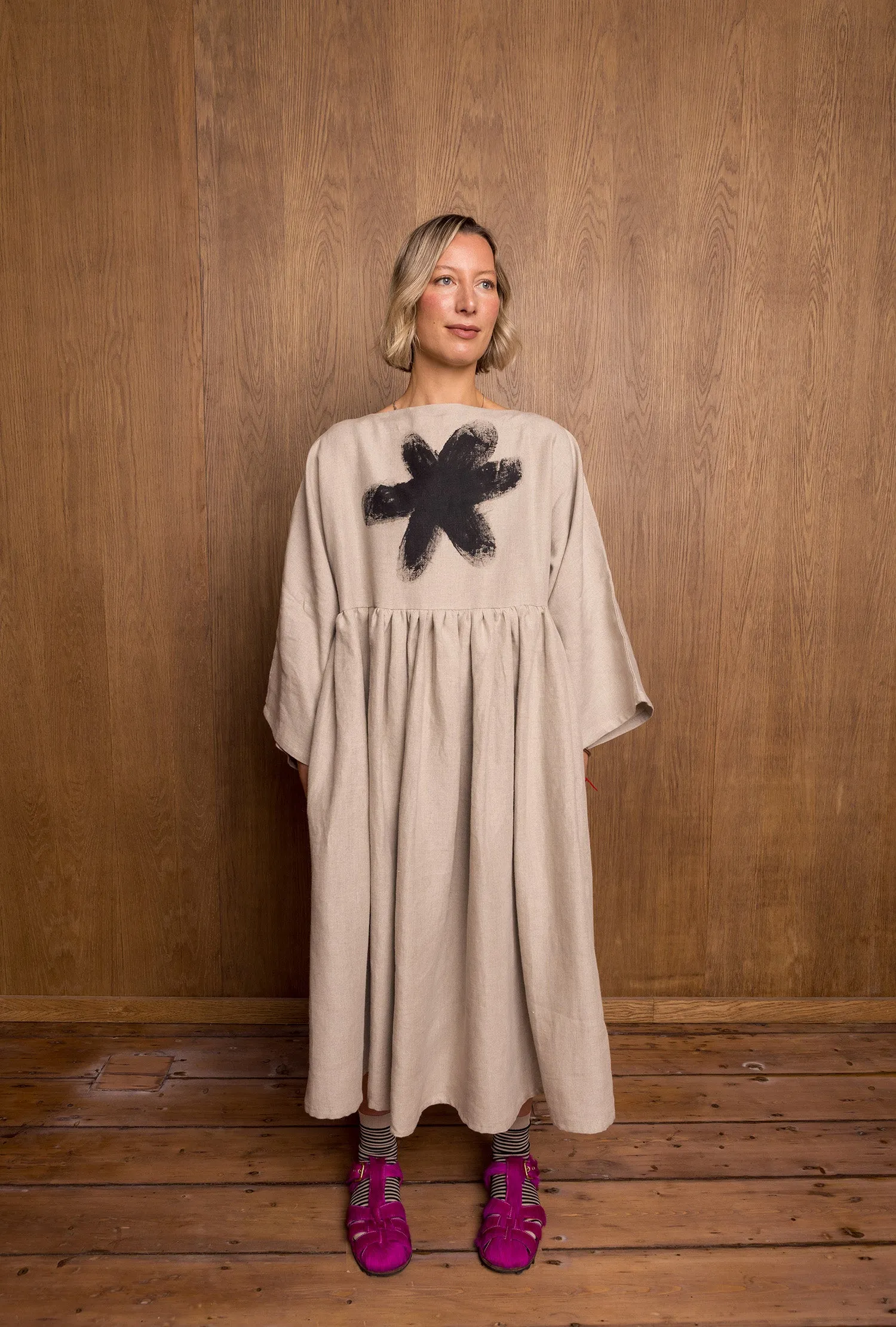 Painted Kozo Dress in Stone Linen sold by Emiko Studios