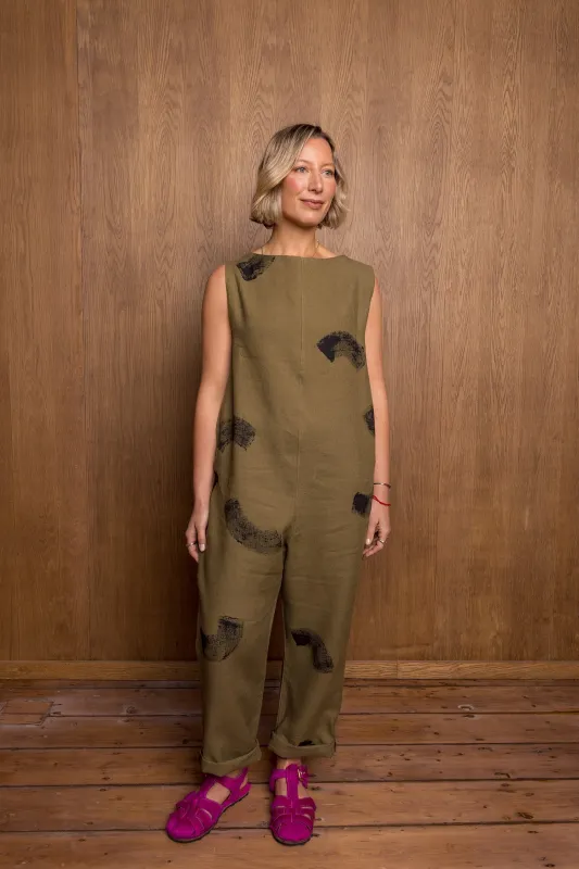 Painted Manami Jumpsuit in Khaki Linen sold by Emiko Studios