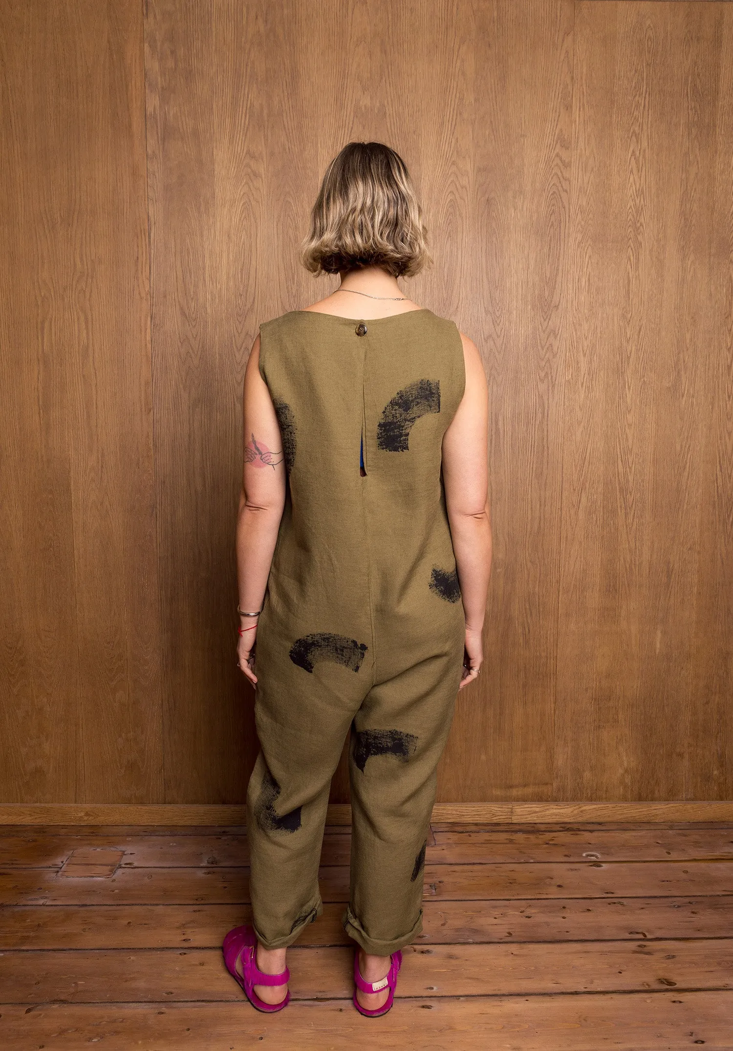 Painted Manami Jumpsuit in Khaki Linen sold by Emiko Studios product image thumbnail 4