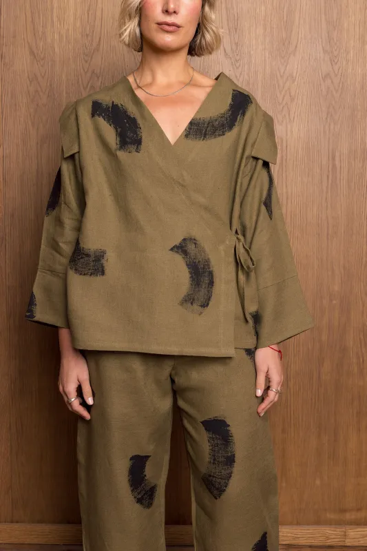Painted Nori Shirt in Khaki sold by Emiko Studios