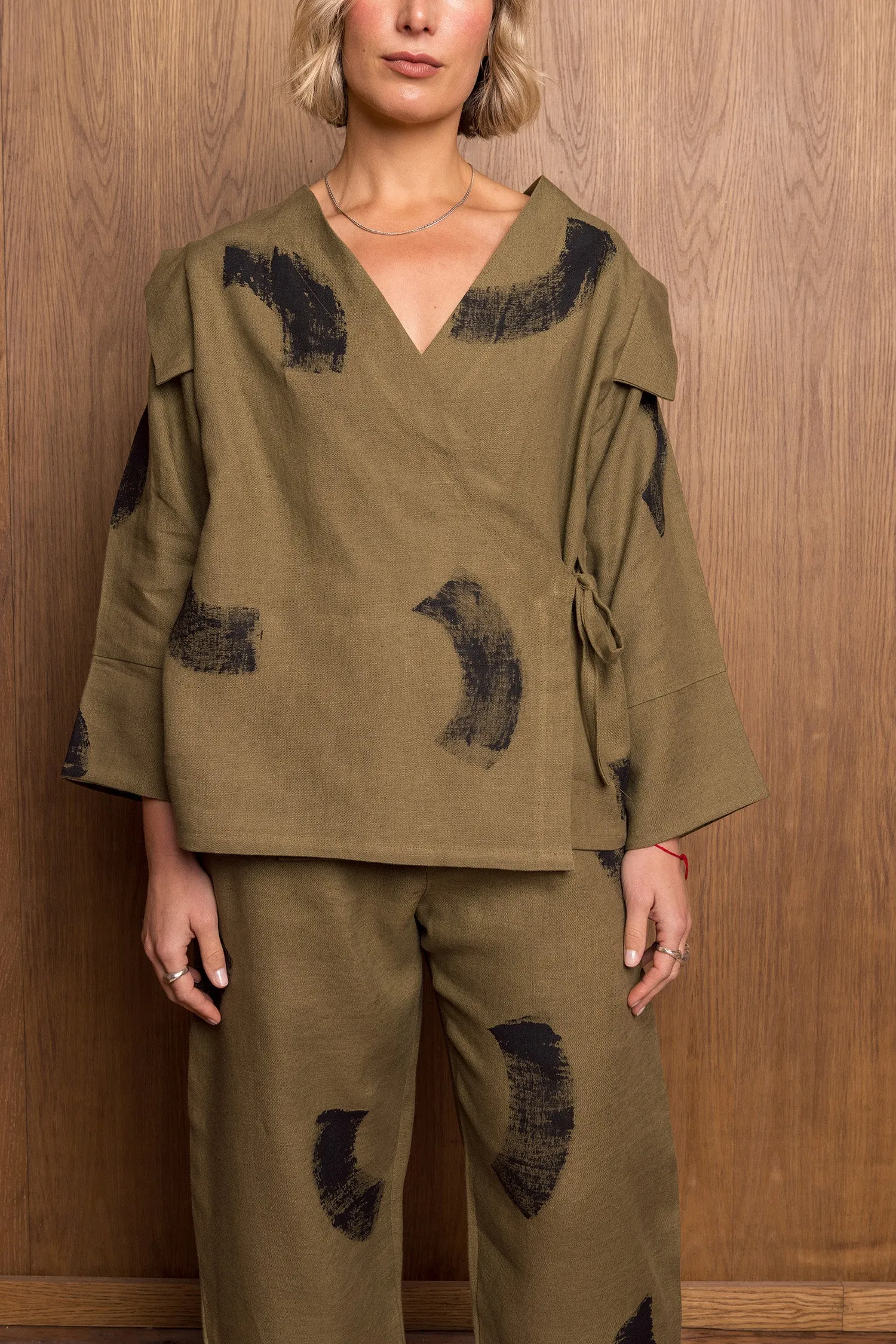 Painted Nori Shirt in Khaki sold by Emiko Studios