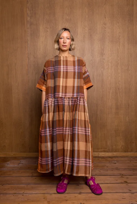 Hatsu Dress in Brown Check sold by Emiko Studios