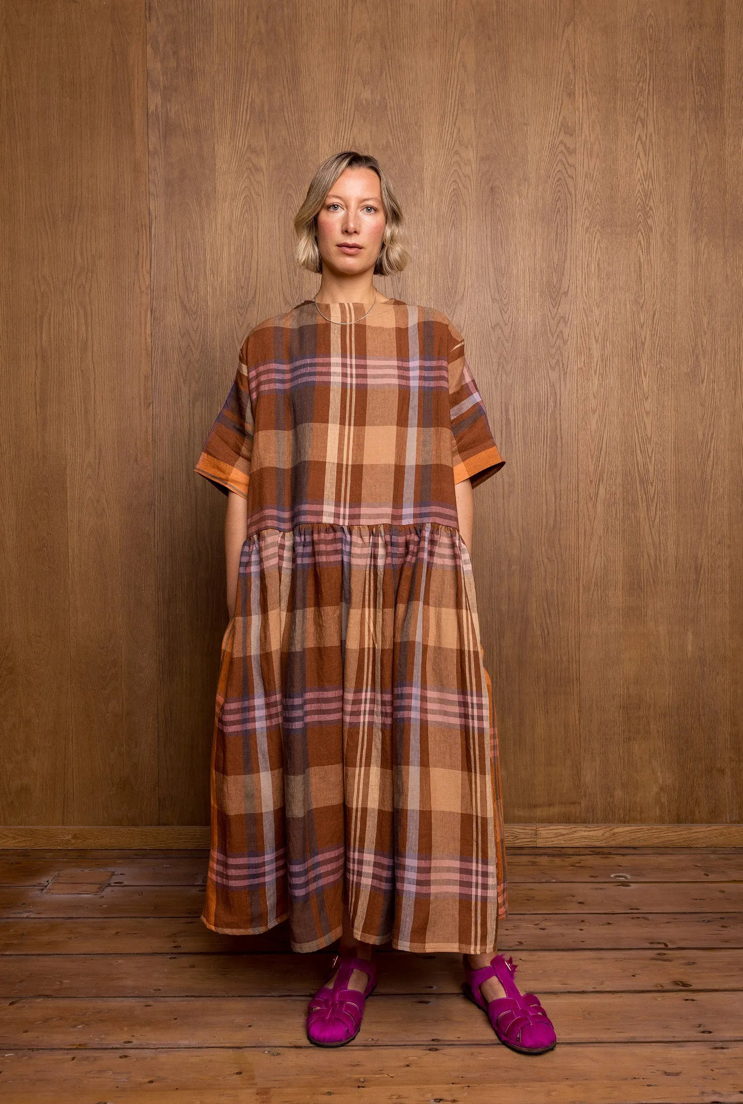 Hatsu Dress in Brown Check sold by Emiko Studios