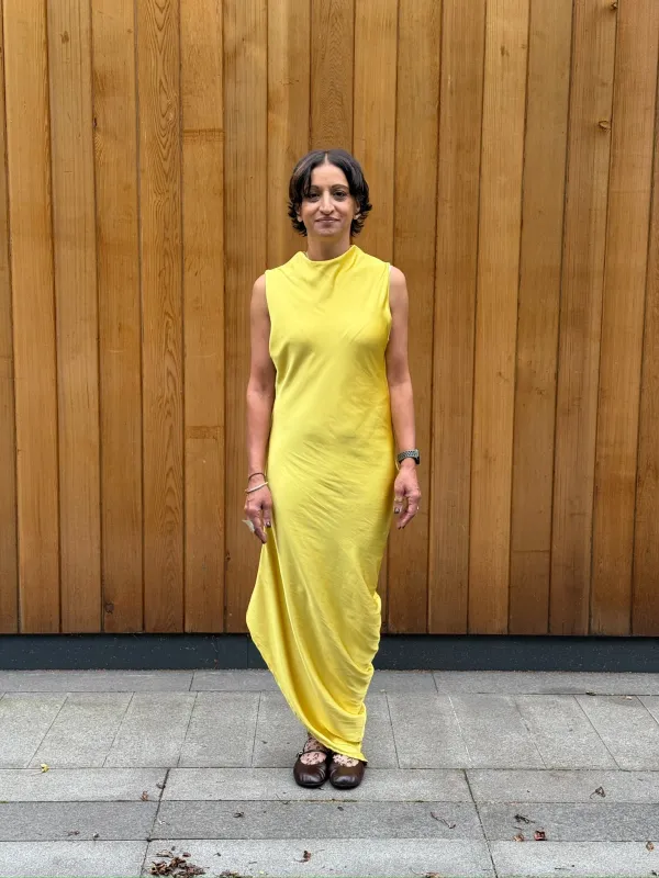 One-off Drape Dress Style 4 in Yellow Satin (XS-M) sold by Emiko Studios