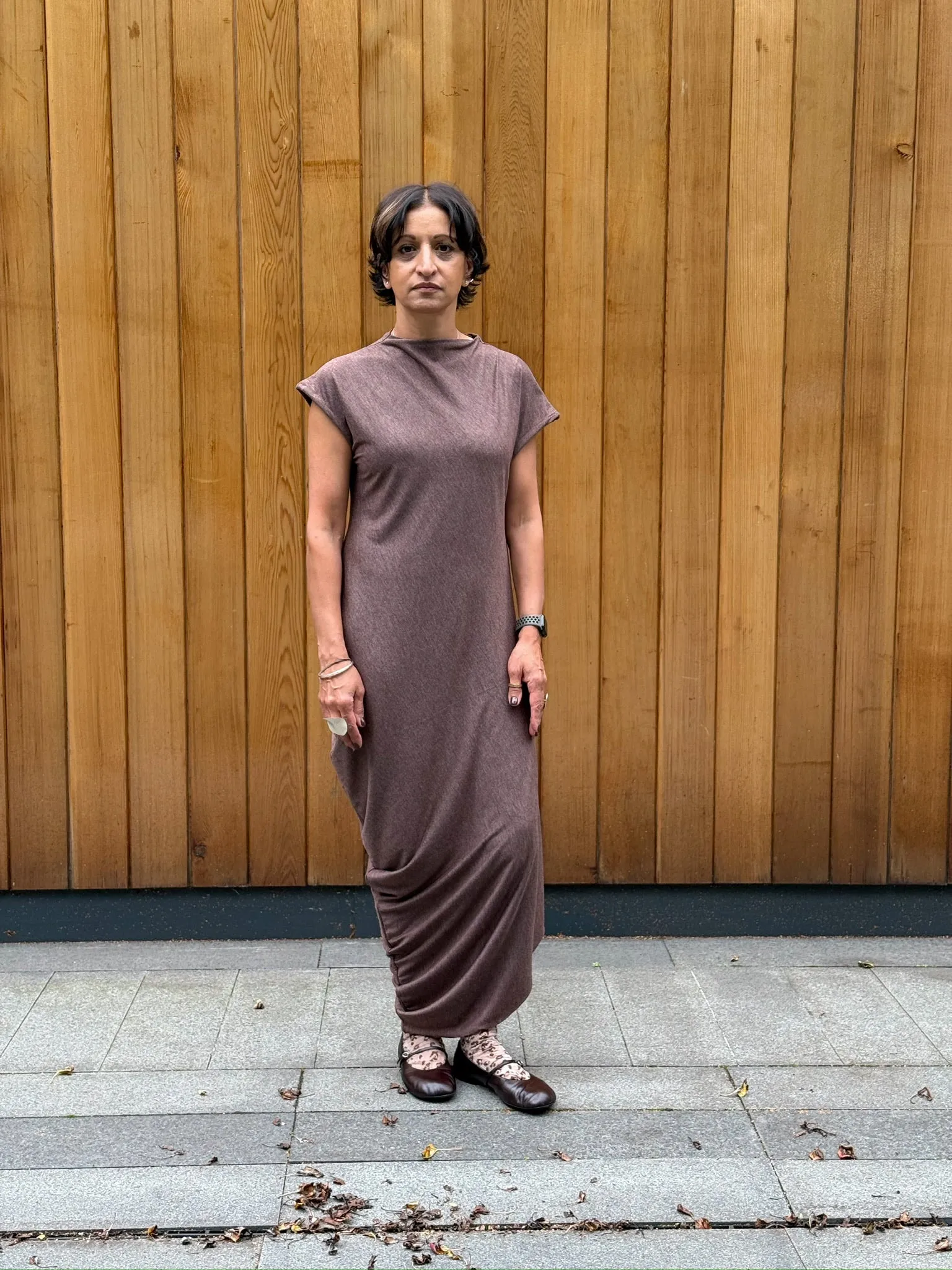 One-off Drape Dress Style 1 in Brown Jersey (XS-M) sold by Emiko Studios