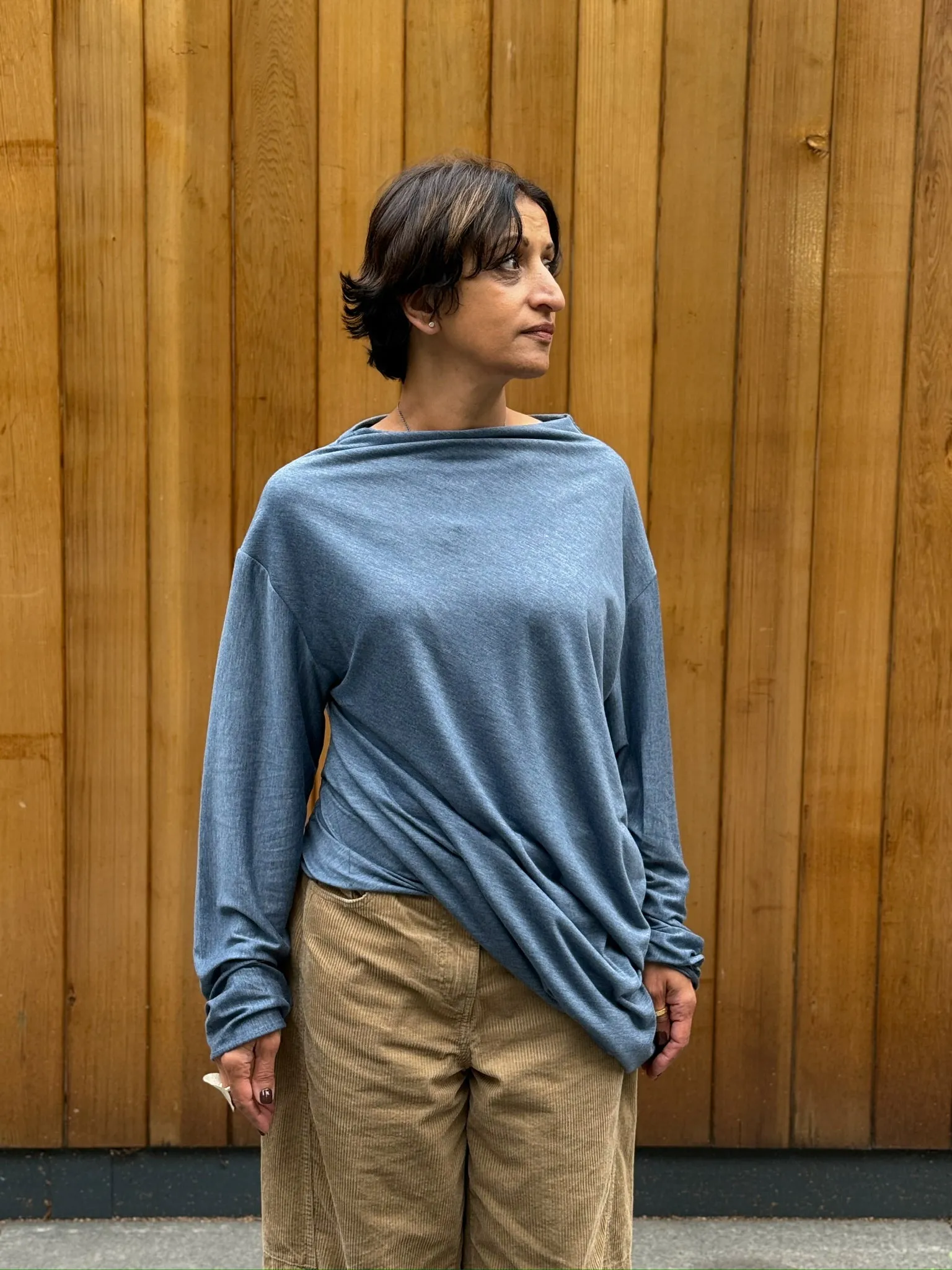 One-off Drape Top Style 3 in Light Blue Jersey (M-XL) sold by Emiko Studios