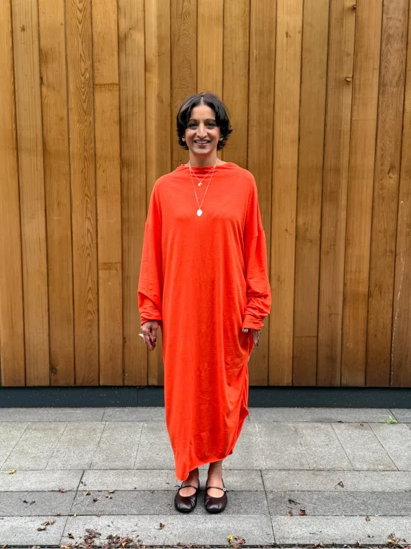 One-off Drape Dress Style 5 in Orange Jersey (M-XL) sold by Emiko Studios